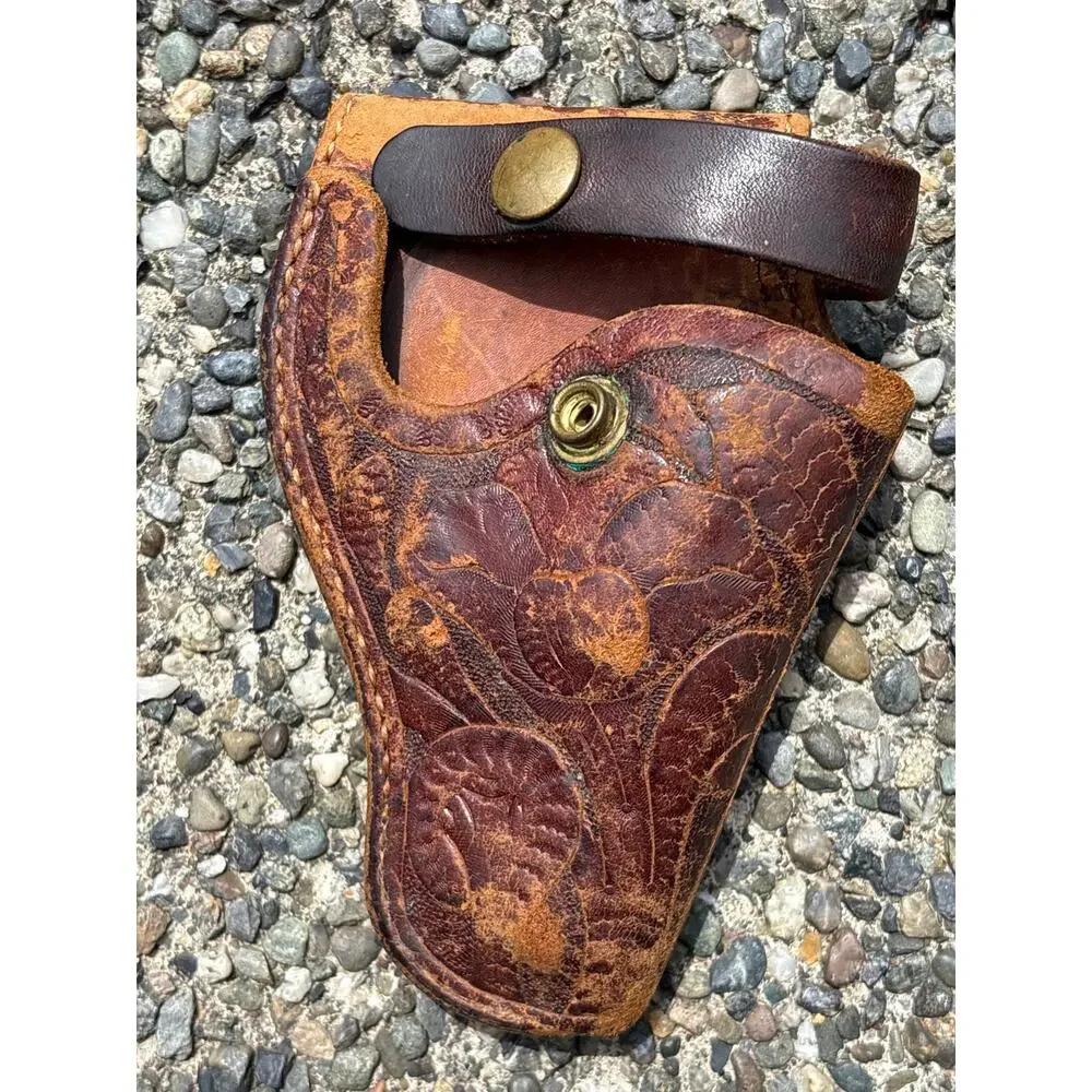 Hand tooled Leather Holster with snap clasp brown floral handmade vintage Vtg